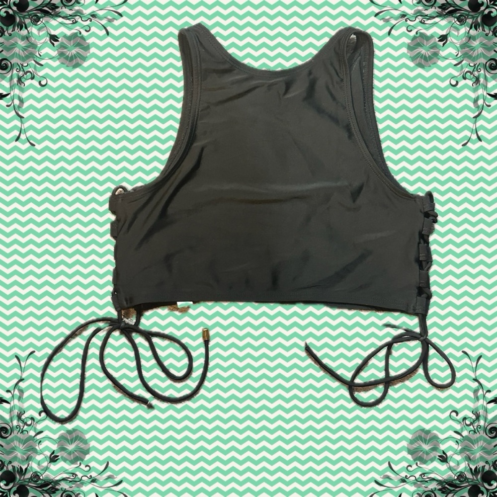 Black Sleeveless Crop Top style bikini top with lace down ties on both sides